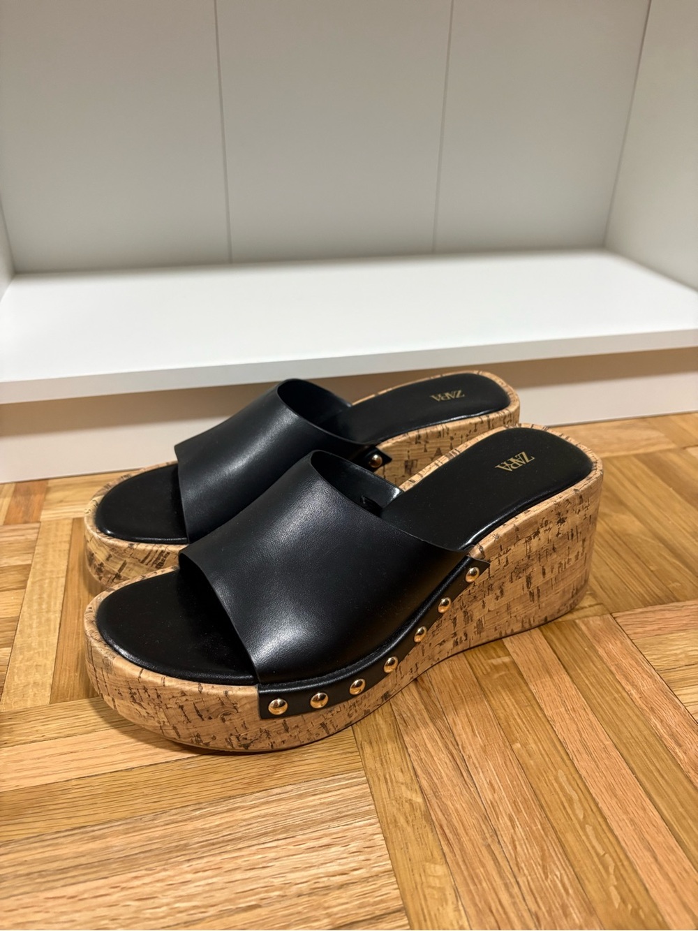 Zara Black Leather Cork Wedge Slide Sandals